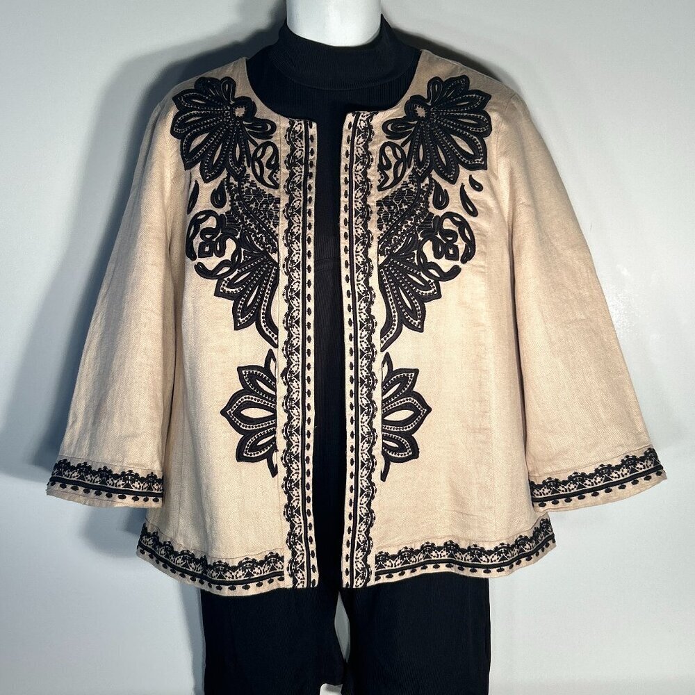 Chico's 3/XL Black Embroidered Khaki Linen Jacket Old Money Boho Timeless Career